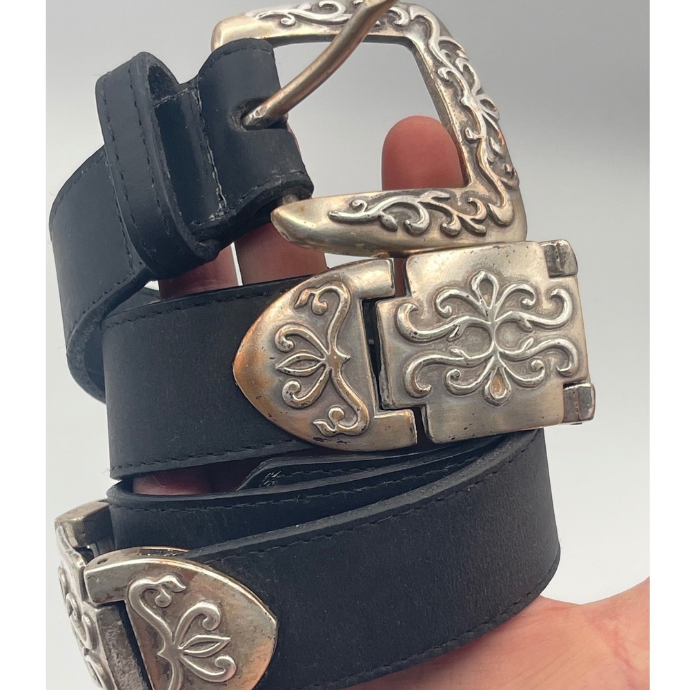 Vintage Western Leather Belt Women's L Black Silver Filigree Concho USA Rodeo - Picture 6 of 9